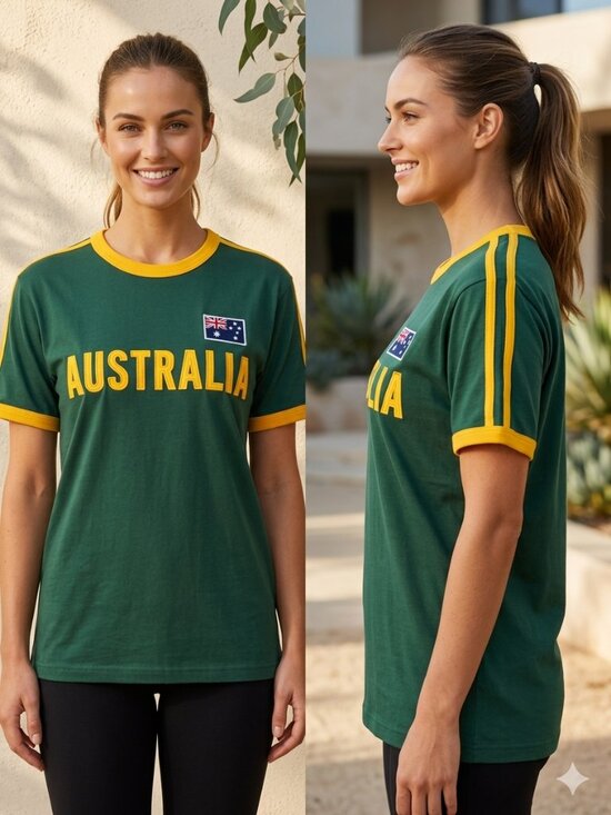 Oz Designs Australia Tops - OZ Designs Australia Sports Green Yellow Womens Shirt Cotton Small Fit to Medium